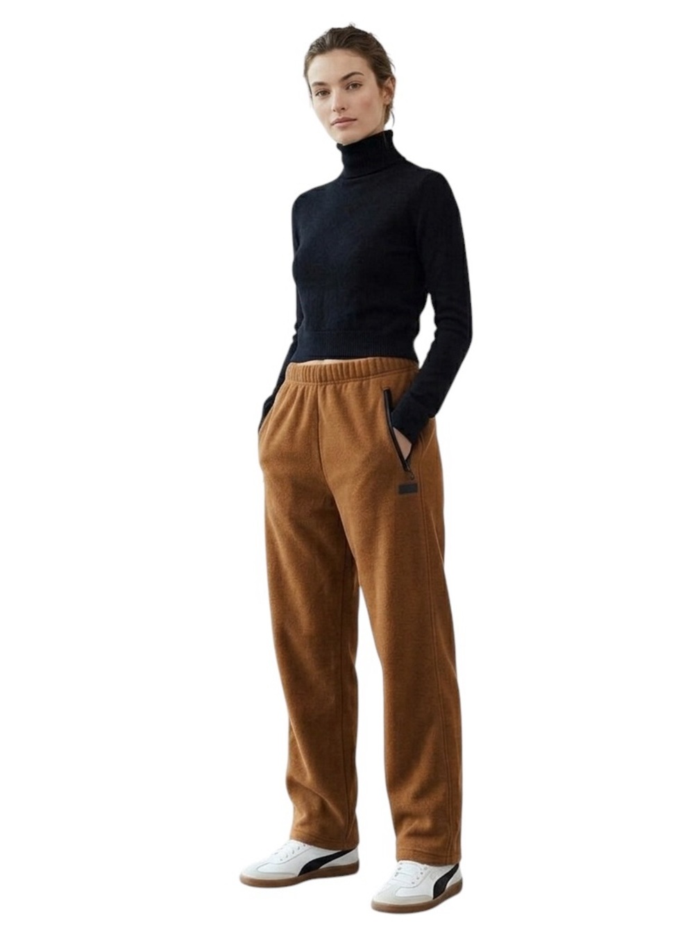 SKIMS Outdoor Fleece Pants Chai Tan Black Trim L NWT